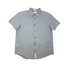 Original Penguin Shirt Men's Large Gray Turquoise Checkered Short Sleeve Logo